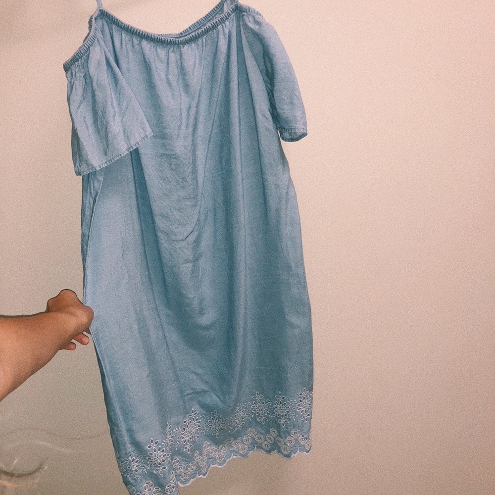 blue off the shoulder dress
